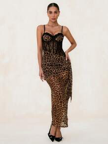 Glamine 性感优雅蕾丝豹纹不对称腰部透视鱼骨褶皱细节单肩带长裙女式超长女装 - 彩色 - 查看 6