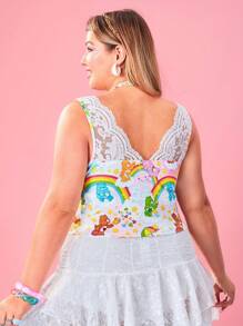 SHEIN X Care Bears Plus Size Cute Contrast Lace & Bear Print Tank Top For Summer - Multicolor - View 2
