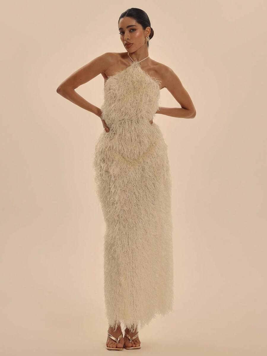 MUSERA 露背露背修身羽毛无袖长裙，春夏舞会优雅度假场合毕业典礼伊比沙岛婚礼宾客假日海滩之夜婚礼宾客优雅约会之夜秋季长裙 - 奶油色 - 查看 1