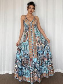 SHEIN Holidaya 波西米亚甜美系带露背收腰印花连衣裙，春季 - 彩色 - 查看 3