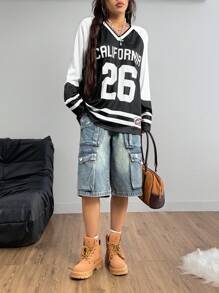 Coolane Women's Y2K Music Festival Sport Number Printed Baggy Jersey T-Shirt - Black - View 6