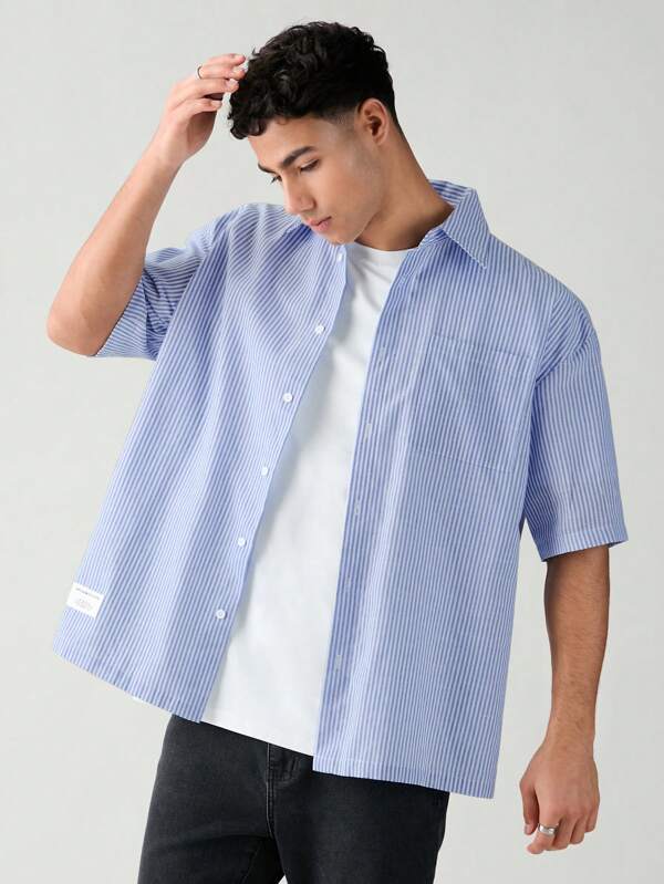 SWAVVY Men's Letter Patched Single Breasted Casual Woven Short Sleeve Baggy Blue Shirt