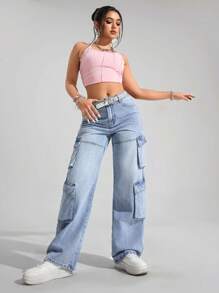 SHEIN EZwear Women's Multi-Pocket Wide Leg Loose Casual Jeans
