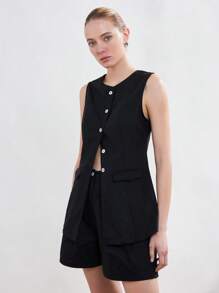 SHEIN Privé 2pcs Simple Elegant Commute Sleeveless Vest With Buttons And Matching Shorts Set For Women - Black - View 4