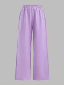 SHEIN Leap Crew TEENGIRL 2pcs Set: Lavender Cable Knit Puff Sleeve Top And Matching Purple Pants, Elegant Two-Piece Outfit - Mauve Purple - View 6