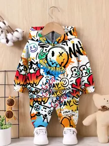 SHEIN 男婴休闲卡通抽象图案宽松针织柔软连帽运动服，适合秋冬季