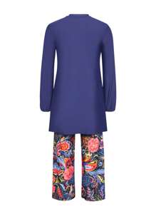 Swim Mulvari 女士海滩夏季服装：1 套纯色长袖圆领连衣裙 + 彩色印花长裤休闲假日布基尼套装