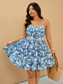 Elaquor Plus Size Vacation Casual All-Over Print Cinched Waist Cami Dress
