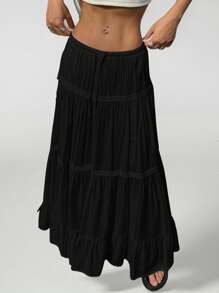 SHEIN PETITE Falda plisada sencilla y básica para mujer - Negro - Ver 1