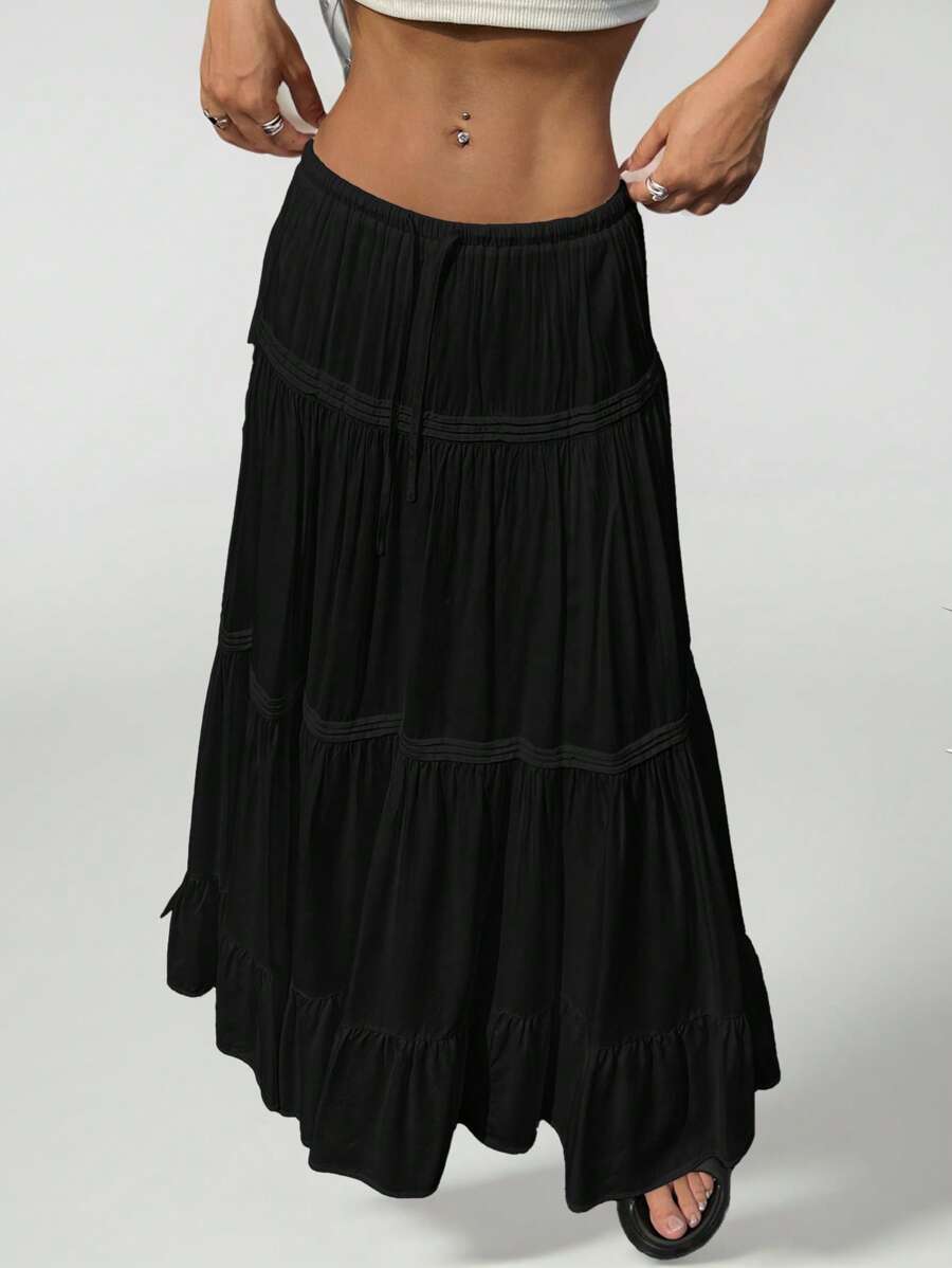 SHEIN PETITE Falda plisada sencilla y básica para mujer - Negro - Ver 1