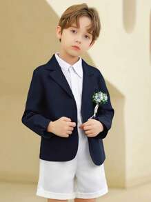 2pcs Boys Gentleman Formal Elegant Urban Fashion Black Long Sleeve Suit Jacket And Shorts Set, Suitable For Weddings, Parties, Outings, Casual Gatherings, All Seasons