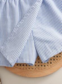 SHEIN Tween 女童夏季休闲假日 U 领罗纹弹力无袖上衣和裹身条纹短裤套装 - 白色 - 查看 5