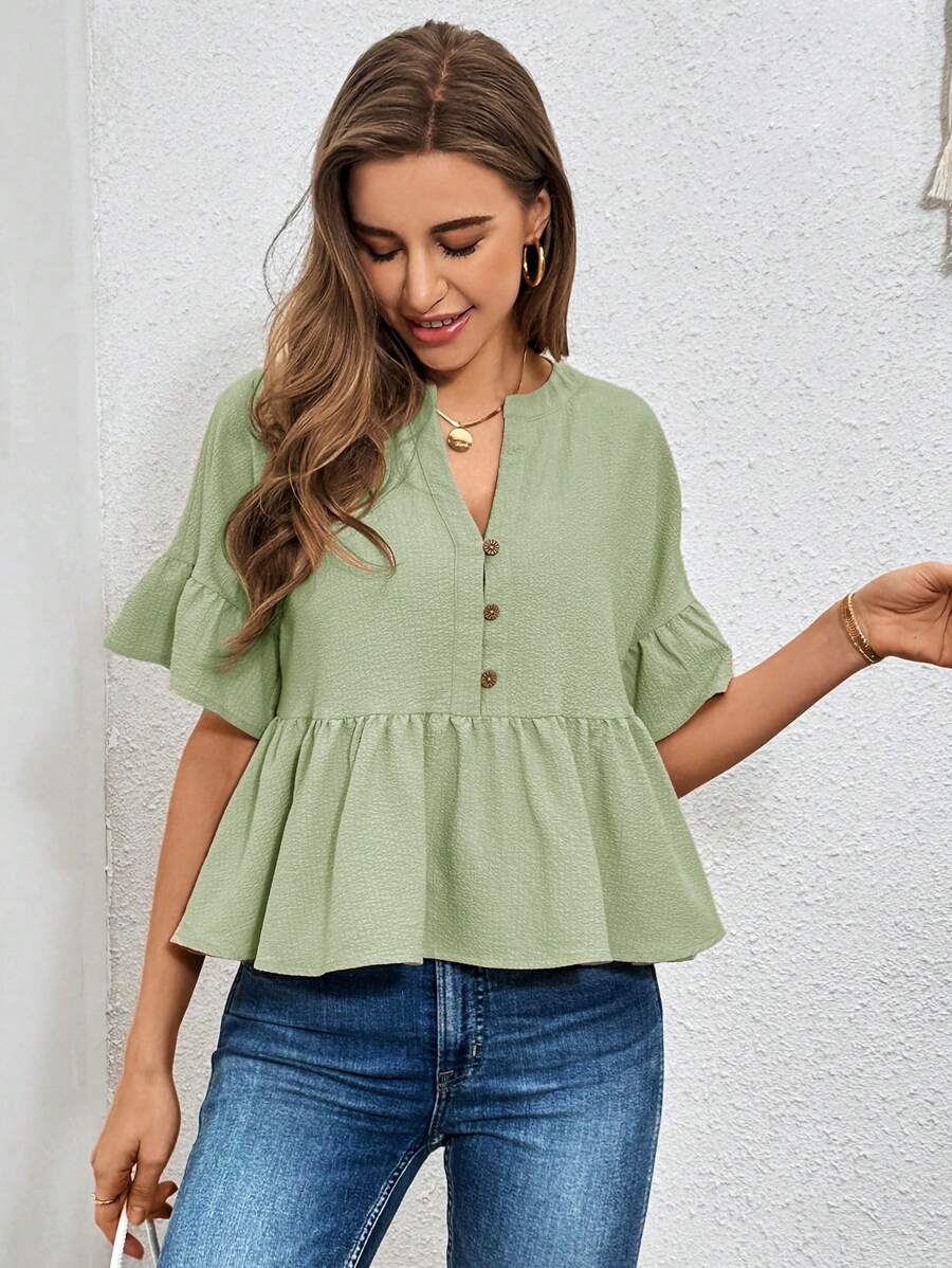 SHEIN Essnce Casual Home Wear Textured Half-Placket Ruffled Collar Blouse