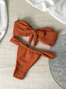 Swim Chiccia 女士海滩夏季服装，纯色露肩抹胸金属装饰上衣和丁字裤比基尼套装 - 棕色 - 查看 2