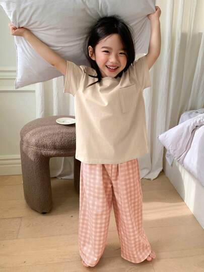 Dazy Kids Young Girl Solid Color Short Sleeve Top With Pocket And Plaid Pants, Casual Loungewear