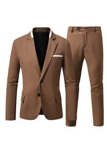Manfinity Mode Plus Size Men Colorblock Lapel Neck Long Sleeve Blazer And Pants Casual Set - Bronze - View 4