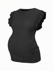 SHEIN Maternity Solid Color Round Neck Cap Sleeve Casual Ribbed T-Shirt - Khaki - View 7