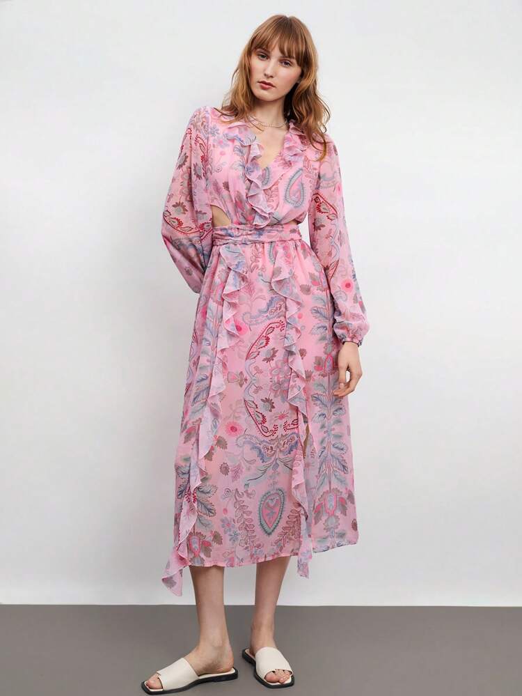 SHEIN Maija Women's V-Neck Ruffled Waist Cutout Cashew Floral Print Lantern Sleeve Long Maxi Beach Dress, Bohemian Style Leisure Resort Wear, Fashionable & Casual