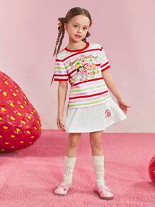 Strawberry Shortcake X SHEIN Maglietta a maniche corte con grafica a righe e cartoni animati per ragazza, estiva