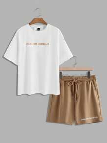 Manfinity VCAY 2pcs/Set Unisex Casual Knitted Letter Print Loose Raglan Short Sleeve T-Shirt And Drawstring Waist Straight Leg Shorts Set, Suitable For Everyday Wear - White - View 9