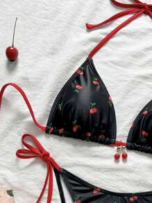 Swim Mod 女士夏季沙滩碎花吊带性感比基尼泳装套装 - 黑色 - 查看 4