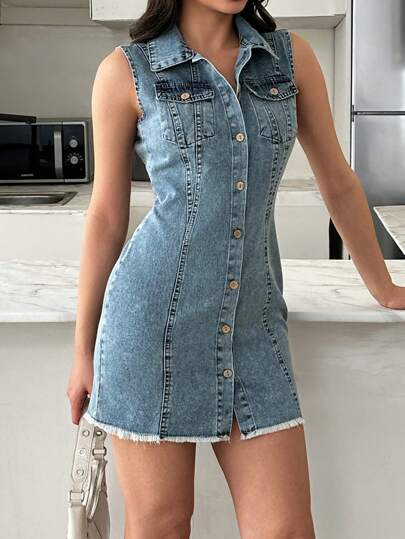 EURMUSE Vestido jeans casual desfiado sem mangas com abotoamento único feminino