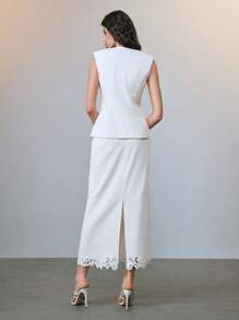 Arave 梭织平纹松紧腰无袖珍珠镂空刺绣优雅职业女性两件套西装套装春夏季 - 杏色 - 查看 2