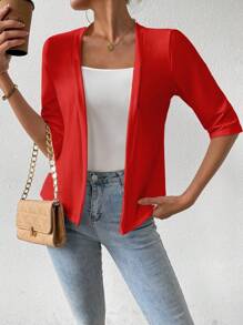 EMERY ROSE Women's Solid Color 3/4 Sleeve Casual Top, Versatile - Red - View 3