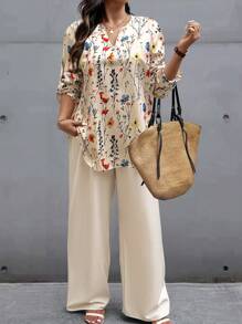 EMERY ROSE 2pcs Plus Size Floral Printed Vacation/Casual Shirt And Pants Set - Multicolor - View 3