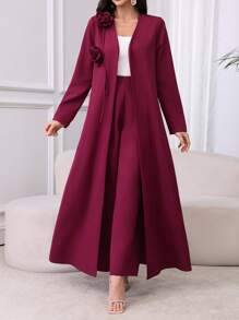Al Najma 2pcs Set Women 3D Flower Print Long Sleeve Robe Coat And Pants - Red - View 7