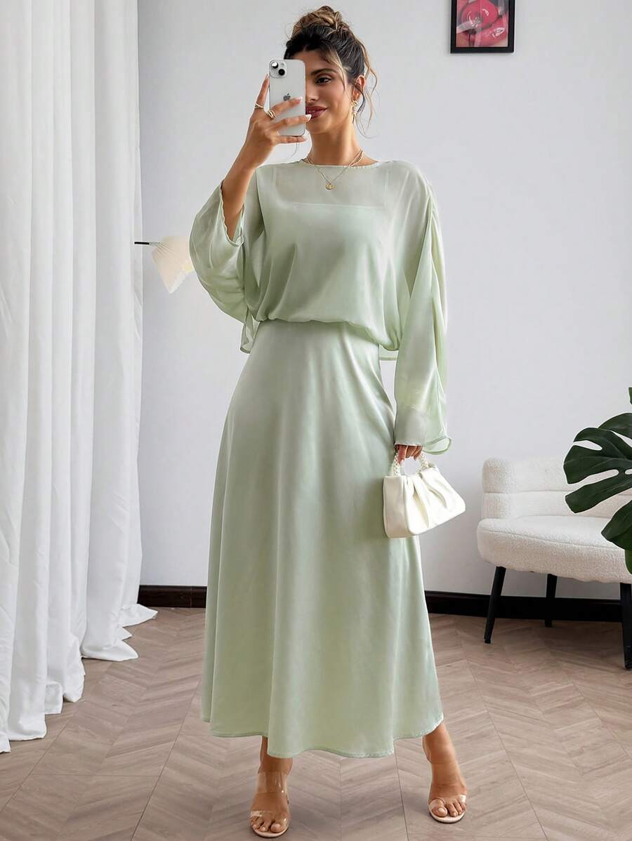 SHEIN Clasi Plus Size Women Elegant Plain Semi-Sheer Chiffon And Glossy Fabric Long Sleeve Dress, Suitable For Spring And Summer, Graceful Chiffon Dress, Sexy Semi-See-Through Dress, Office Dress, Casual Dress Fall Cloth For Women - Green - View 1