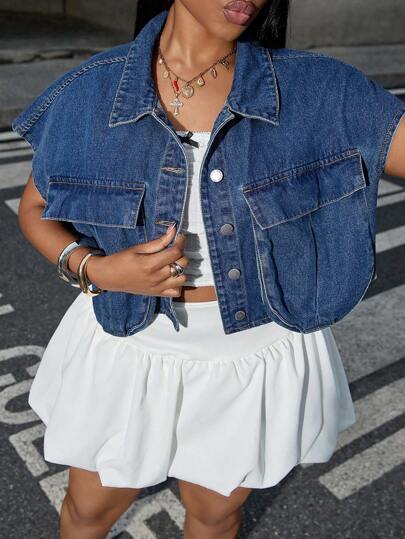 Slaydiva Plus Size Denim Vest, Casual Cropped Waistcoat In Blue,Year-Round,For Spring/Summer Holiday,Suitable For Summer,Blue Summer,Vacation Woman,Easter,Spring,Western,Office For Women,Rave,Baby Shower,Cottagecore,Country