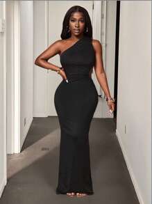 BamGleam Solid Color Backless Asymmetric Neckline Elegant Sleeveless Dress - Black - View 7