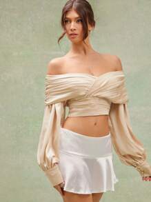 L'Amorae Women's Beige Satin Off Shoulder Pleated Neckline Long Sleeves Top - Apricot - View 1