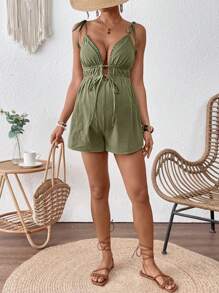 SHEIN Mono de tirantes finos con escote en V profundo y lazo delantero, unicolor, para mujeres embarazadas