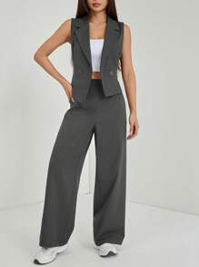 SHEIN PETITE 兩件套秋季女裝 2件/組 素色無袖上衣與長褲，商務休閒女裝，夏季套裝，適合嬌小女性 - 灰色 - 查看 5