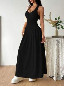 Flirla Vestido de escote en V profundo francés, sexy, con detalle de halter, empalmado y con la cintura fruncida - Negro - Ver 5
