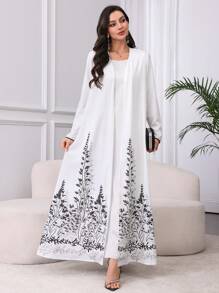 Al Najma Women's Floral Print Romantic Elegant Arabic Robe Jacket, Modest Abaya - White - View 3