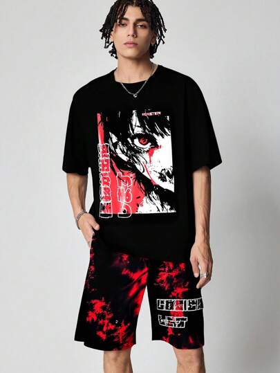 Anime طقم رجالي مكون من تي شيرت بأكمام قصيرة بياقة دائرية وشورت بخصر رباط، بطباعة حرف وكرتون، كاجوال