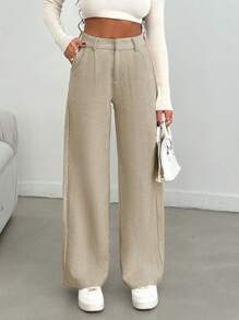EURMUSE Women Solid Color High Waist Wide Leg Pants - Beige - View 4