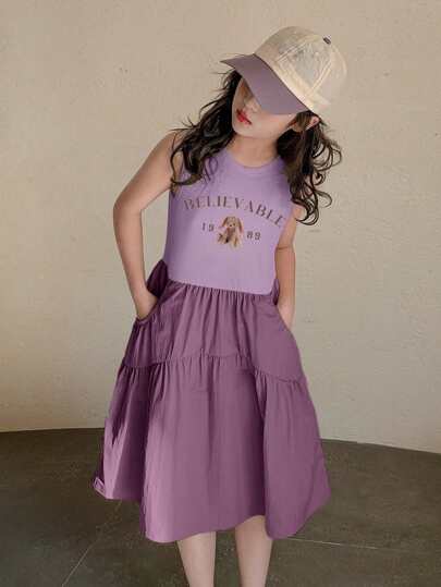 Dazy Kids Tween Girl Letter Print Ruffle Hem Pocketed Sleeveless Dress