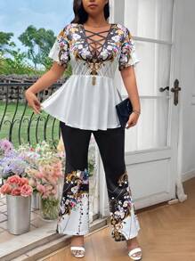 SHEIN Holidaya 大码女式畅销波西米亚度假风V领喇叭袖弧形下摆上衣和阔腿裤春夏两件套