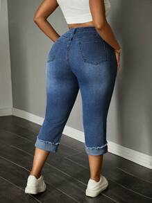 SHEIN Plus Size Frayed Hem Versatile 7/8 Length Straight Leg Jeans    Women Autumn Outfits Women Jeans High Waisted