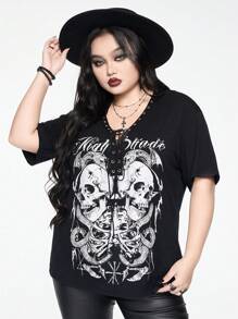ROMWE Goth Plus Size V-Neck Drawstring Skull & Snake Skin Graphic Print Short Sleeve T-Shirt - Black - View 7