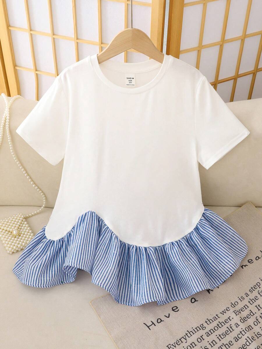 T-shirt manches courtes à col rond, ourlet asymétrique volantécontre-couché, couleur unie, style casual et élégant, pour filles préadolescentes, idéal pour la rentrée scolaire - Blanc - Voir 1