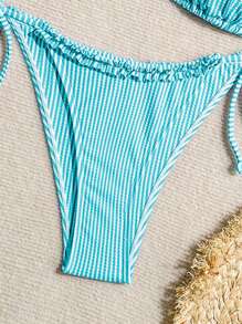Swim Mod Women's Vacation Stripe Nautical Style Patchwork Frill Trim Tie-Up Bikini Set For Summer - Mint Blue - View 7