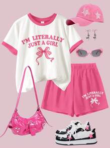 SHEIN 2pcs/Set Tween Girls Casual Bow Letter Graphic Short Sleeve T-Shirt & Loose Shorts Set, Summer