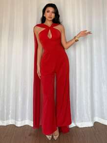 SHEIN Unity Elegante y a la moda monos de corte Largo con efecto drapeado en la espalda que cincha la cintura, en color rojo, apropiado para primavera/verano - Rojo - Ver 5