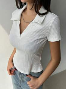 DAZY Dames effen kleur casual slim fit polo kraag korte mouw t-shirt wit top zomer