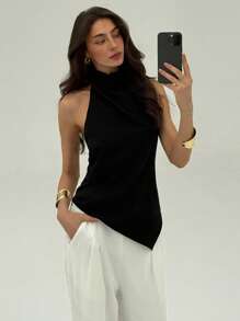 Aloruh 女士纯色不对称下摆挂脖上衣 - 黑色 - 查看 5